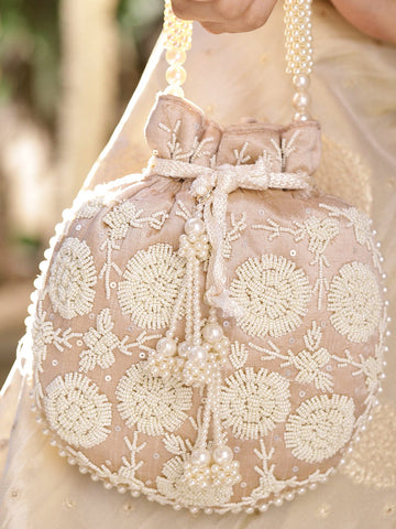 Rubans Beige Fabric Potli Bag with Pearl Floral Embroidery, Beaded Handle & Pearl Tassel Bags