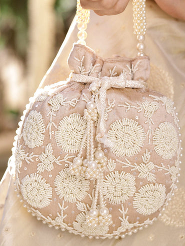 Rubans Beige Fabric Potli Bag with Pearl Floral Embroidery, Beaded Handle & Pearl Tassel Bags