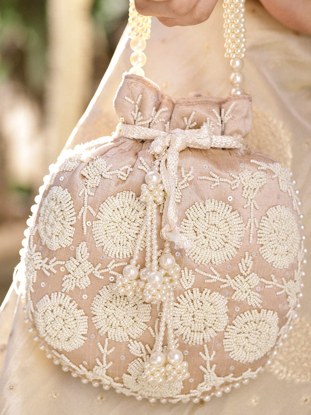 Rubans Beige Fabric Potli Bag with Pearl Floral Embroidery, Beaded Handle & Pearl Tassel Bags