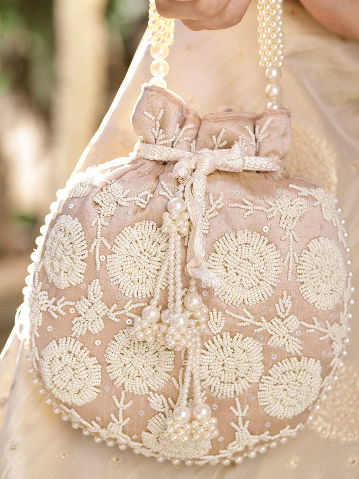 Rubans Beige Fabric Potli Bag with Pearl Floral Embroidery, Beaded Handle & Pearl Tassel Bags
