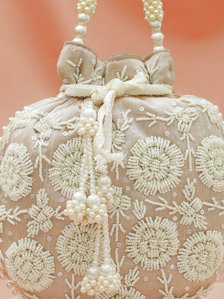 Rubans Beige Fabric Potli Bag with Pearl Floral Embroidery, Beaded Handle & Pearl Tassel Bags