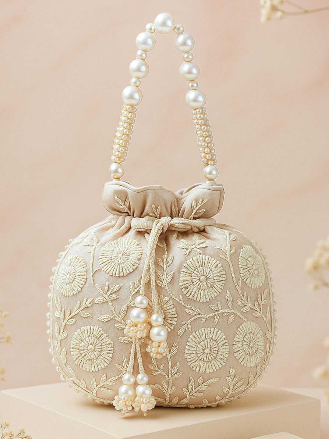 Rubans Beige Fabric Potli Bag with Pearl Floral Embroidery, Beaded Handle & Pearl Tassel Bags