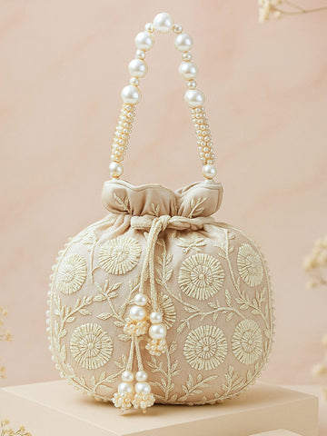 Rubans Beige Fabric Potli Bag with Pearl Floral Embroidery, Beaded Handle & Pearl Tassel Bags