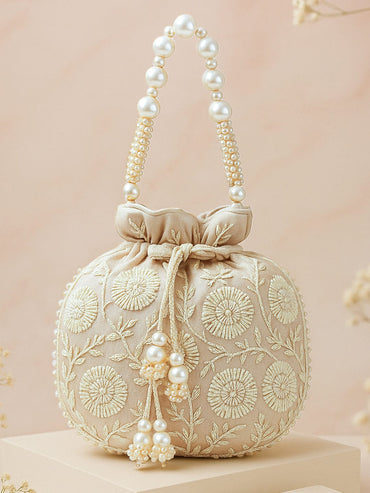 Rubans Beige Fabric Potli Bag with Pearl Floral Embroidery, Beaded Handle & Pearl Tassel Bags