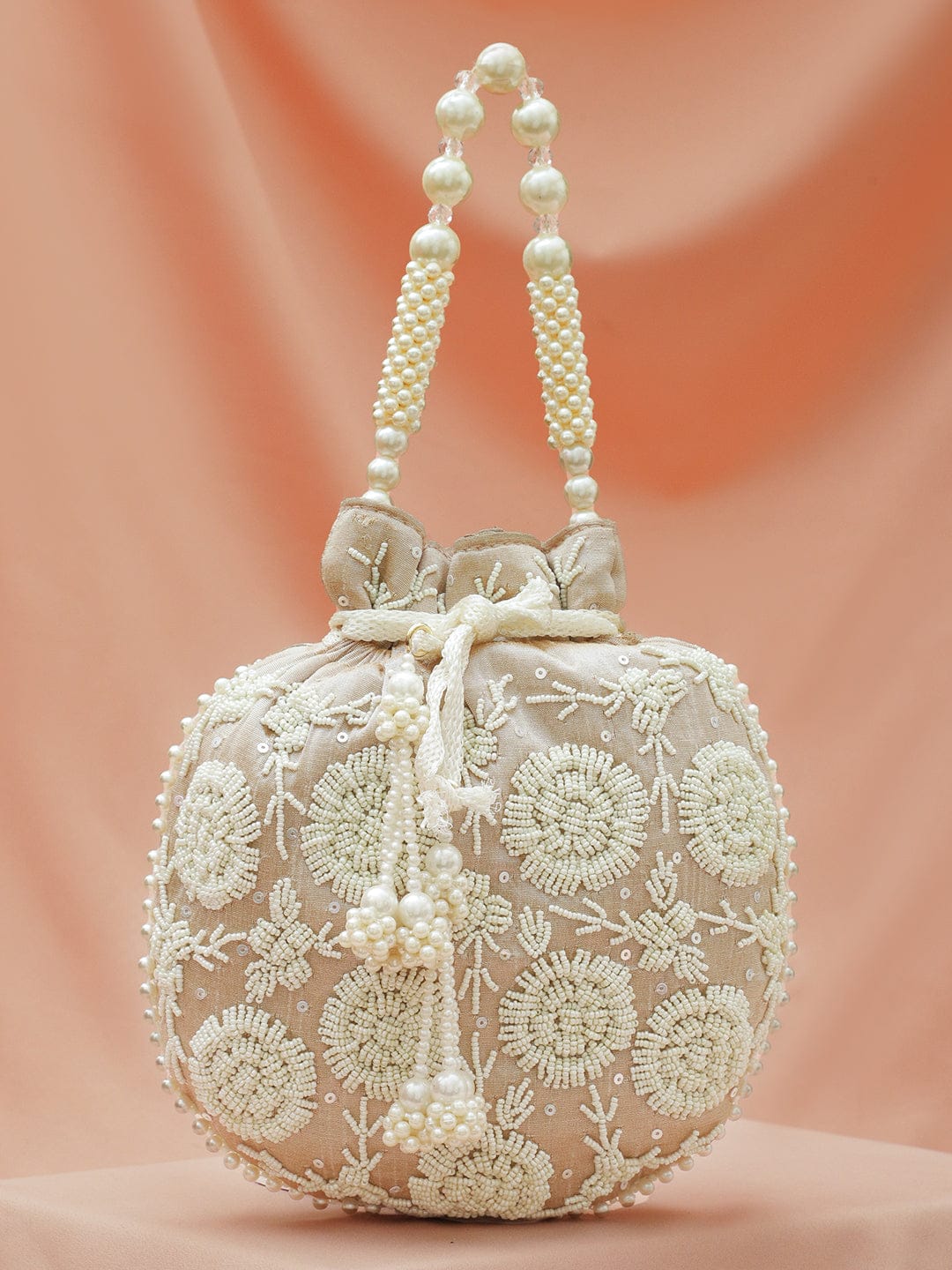 Rubans Beige Fabric Potli Bag with Pearl Floral Embroidery, Beaded Handle & Pearl Tassel Bags