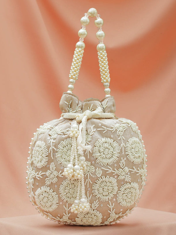Rubans Beige Fabric Potli Bag with Pearl Floral Embroidery, Beaded Handle & Pearl Tassel Handbag, Wallet Accessories & Clutche