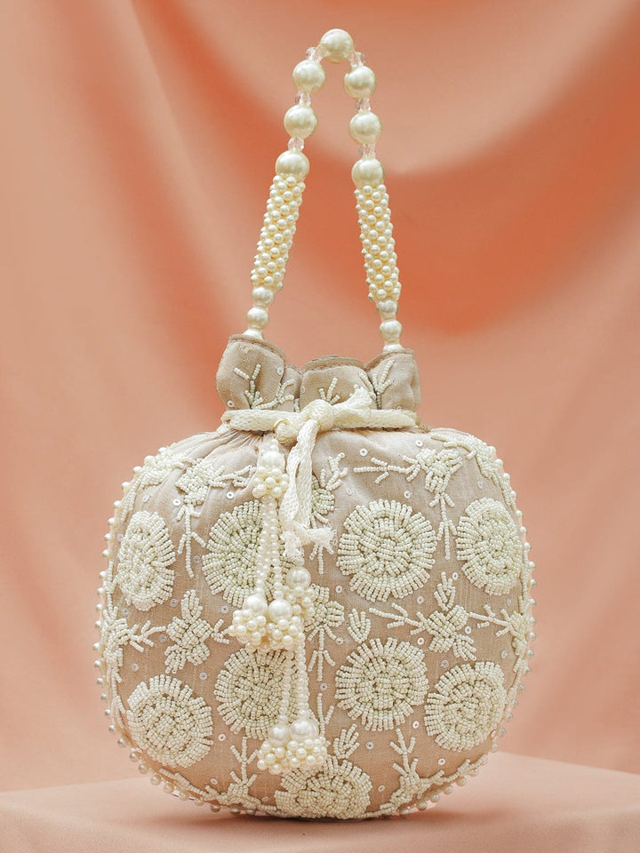 Rubans Beige Fabric Potli Bag with Pearl Floral Embroidery, Beaded Handle & Pearl Tassel Handbag, Wallet Accessories & Clutche
