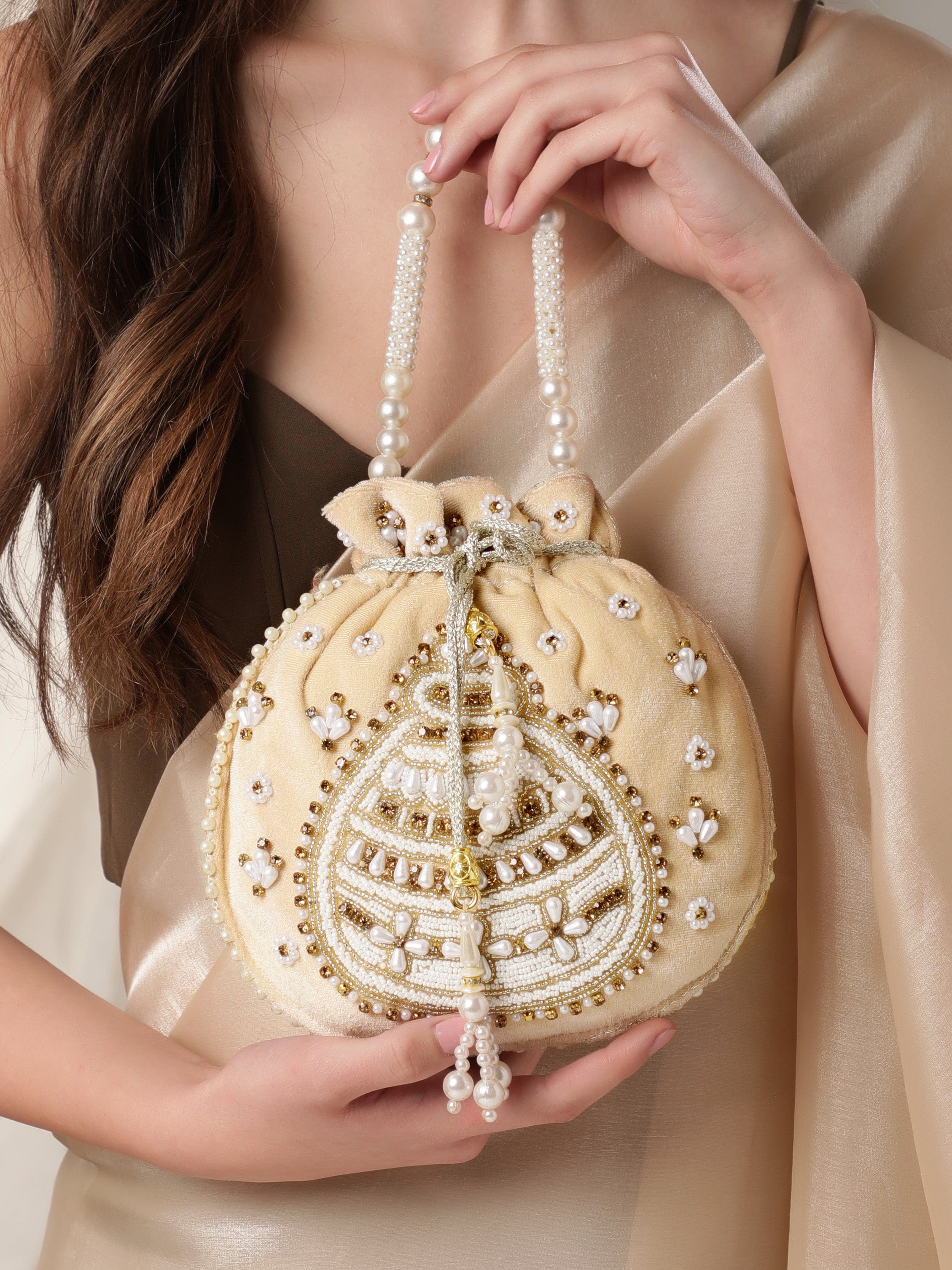 rubans beige potli bags with stones beads and pearl handle bags 34570244456622