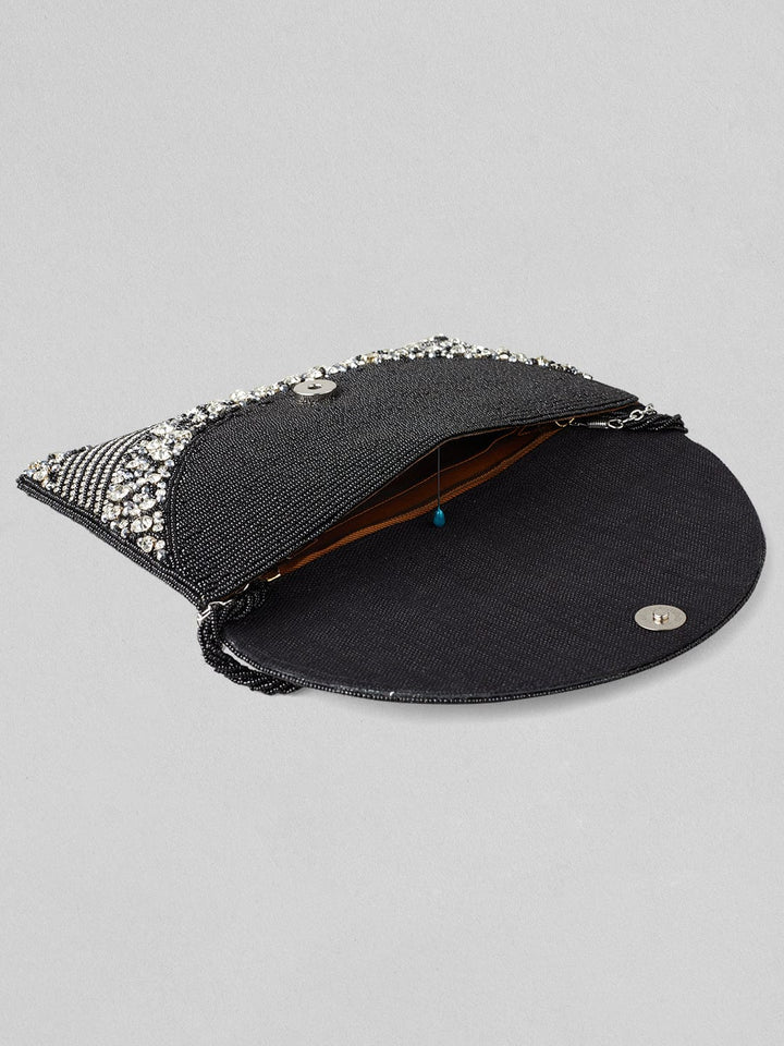 Rubans Black Colour Handbag With Embroided Silver Stone Design. Handbag & Wallet Accessories