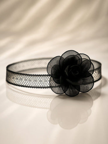 Rubans Black Floral Lace Choker Necklace with Bold Statement Rose Flower Design Necklace & Chains