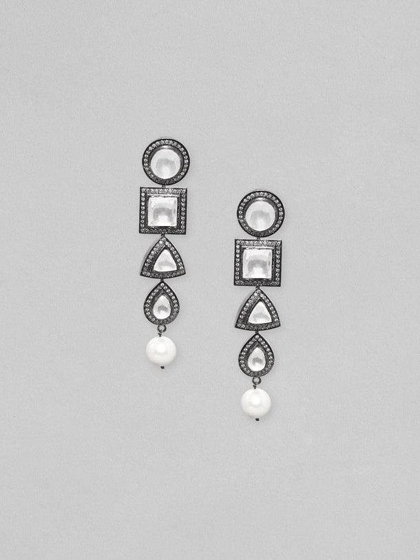 Rubans Black Rhodium Plated Polki Zirconia Pearl Drop Dangle Earrings Earrings