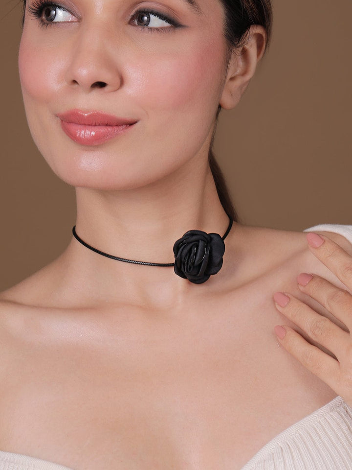 Rubans Black Rose Choker Necklace with Satin Flower Design for Stylish Look Choker