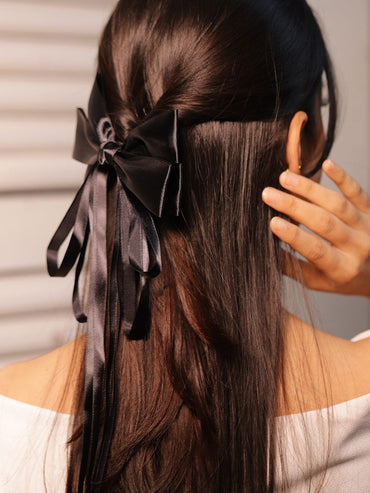 Rubans Black Satin Bow Hair Clip with Flowing Ribbon Strands for Elegant & Stylish Look Hair Accessory