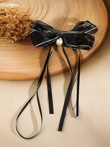 Rubans Black Satin Bow Hair Clip with Pearl Charm â€“ Elegant & Stylish Ribbon Accessory Hair Accessory