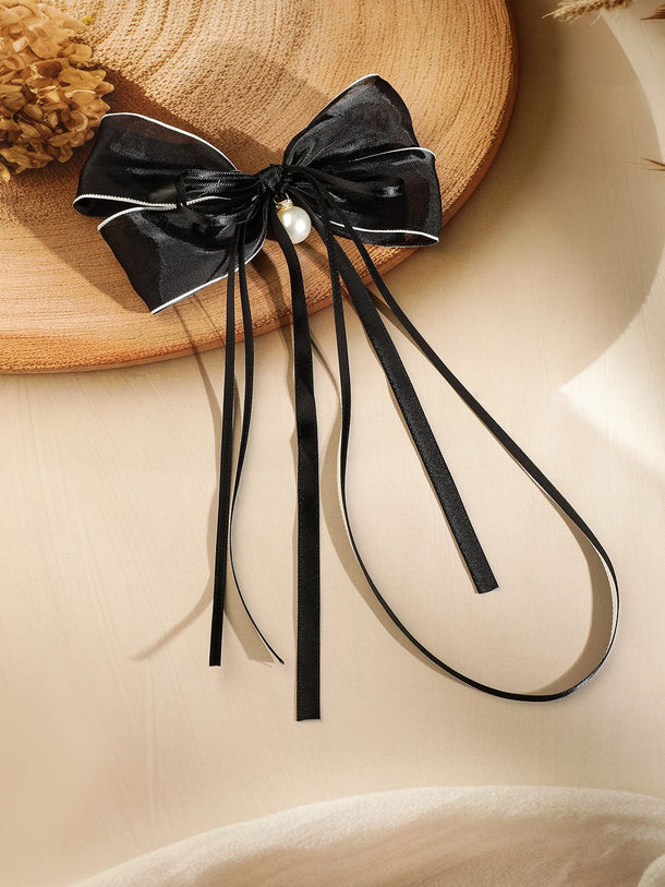 Rubans Black Satin Bow Hair Clip with Pearl Charm â€“ Elegant & Stylish Ribbon Accessory Hair Accessory