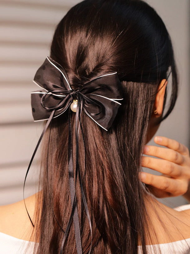 Rubans Black Satin Bow Hair Clip with Pearl Charm â€“ Elegant & Stylish Ribbon Accessory Hair Accessory
