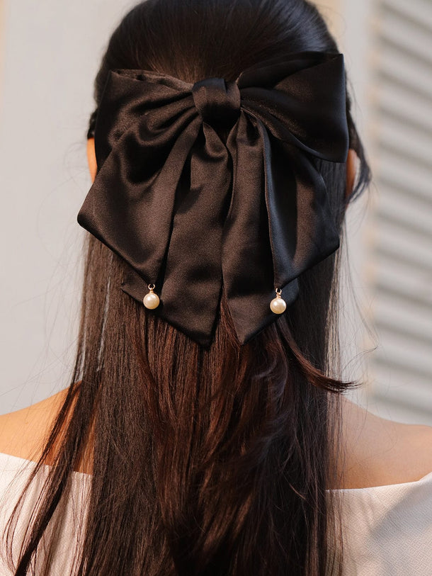 Rubans Black Satin Bow Hair Clip with Pearl Drop Detailing for Elegant & Chic Styling Hair Accessory