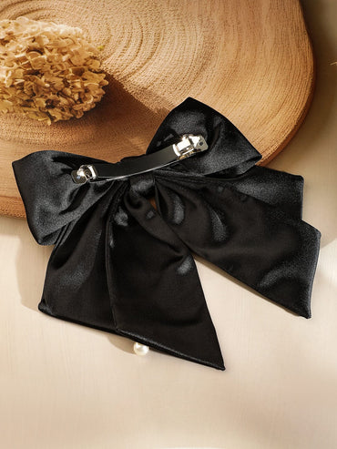 Rubans Black Satin Bow Hair Clip with Pearl Drop Detailing for Elegant & Chic Styling Hair Accessory