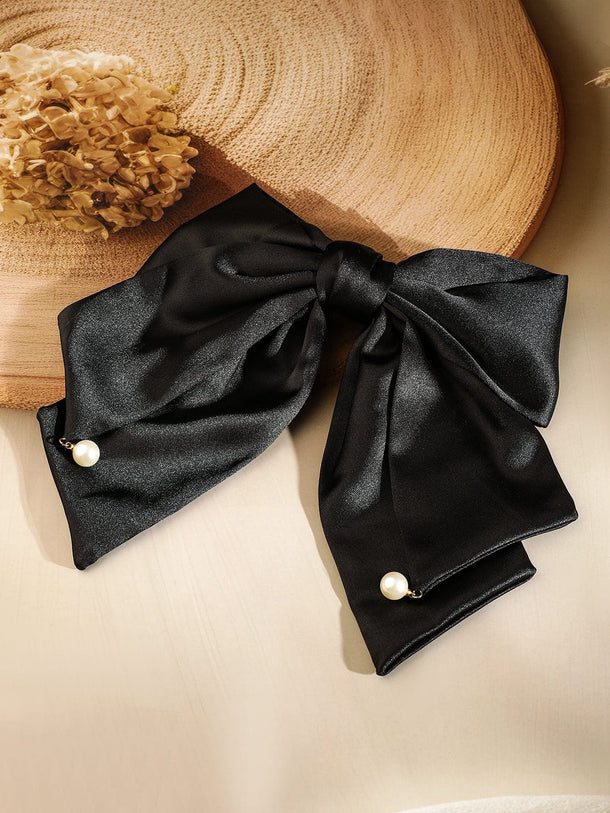 Rubans Black Satin Bow Hair Clip with Pearl Drop Detailing for Elegant & Chic Styling Hair Accessory