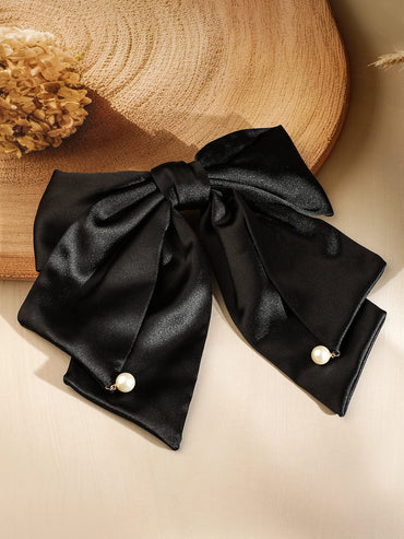 Rubans Black Satin Bow Hair Clip with Pearl Drop Detailing for Elegant & Chic Styling Hair Accessory