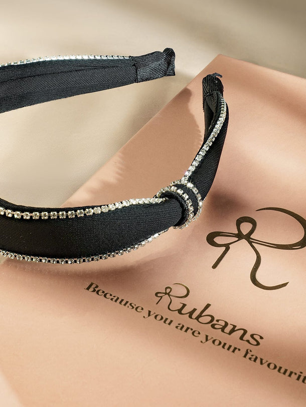 Rubans Black Satin Headband with Cubic Zirconia Embellishments Hair Accessory