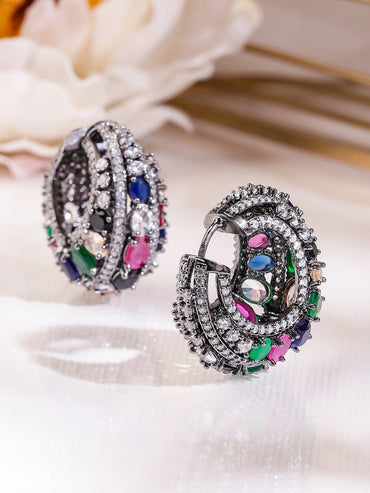 Rubans Black-Toned Multicolour Gemstone & White Cubic Zirconia Studded Statement Hoop Earrings for Women Earrings
