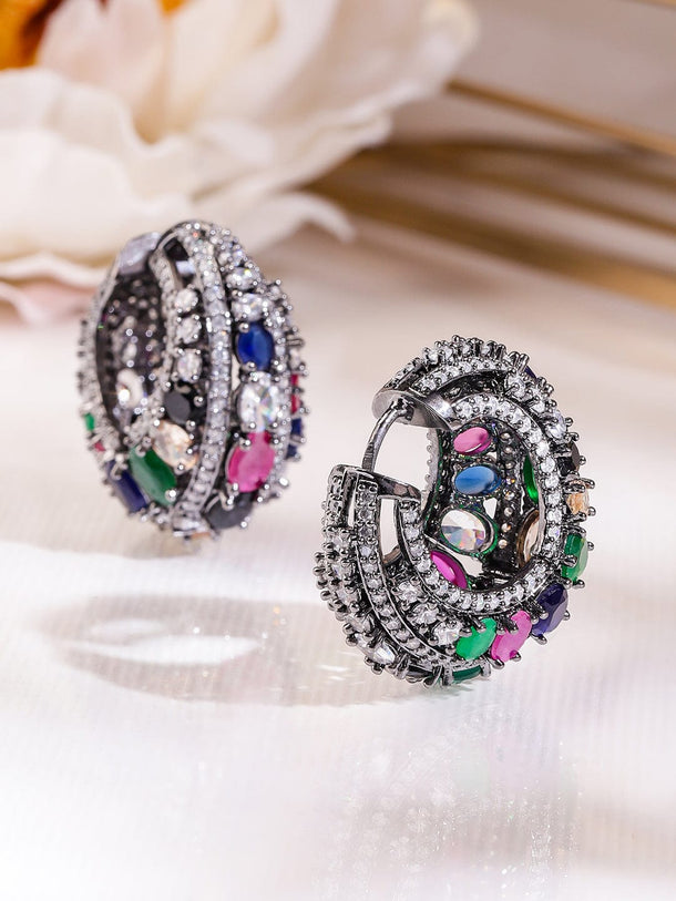 Rubans Black-Toned Multicolour Gemstone & White Cubic Zirconia Studded Statement Hoop Earrings for Women Earrings