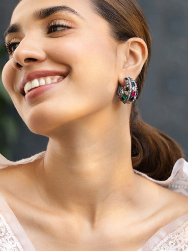 Rubans Black-Toned Multicolour Gemstone & White Cubic Zirconia Studded Statement Hoop Earrings for Women Earrings