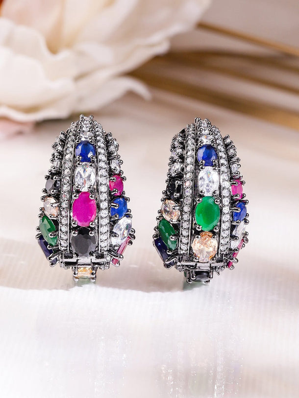 Rubans Black-Toned Multicolour Gemstone & White Cubic Zirconia Studded Statement Hoop Earrings for Women Hoop Earrings