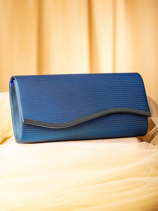 Rubans Blue Sapphire Glossy Textured Clutch with Silver-Tone Wavy Accent & Chain Bags