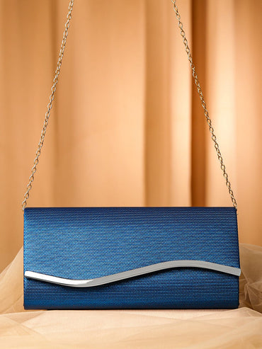 Rubans Blue Sapphire Glossy Textured Clutch with Silver-Tone Wavy Accent & Chain Bags