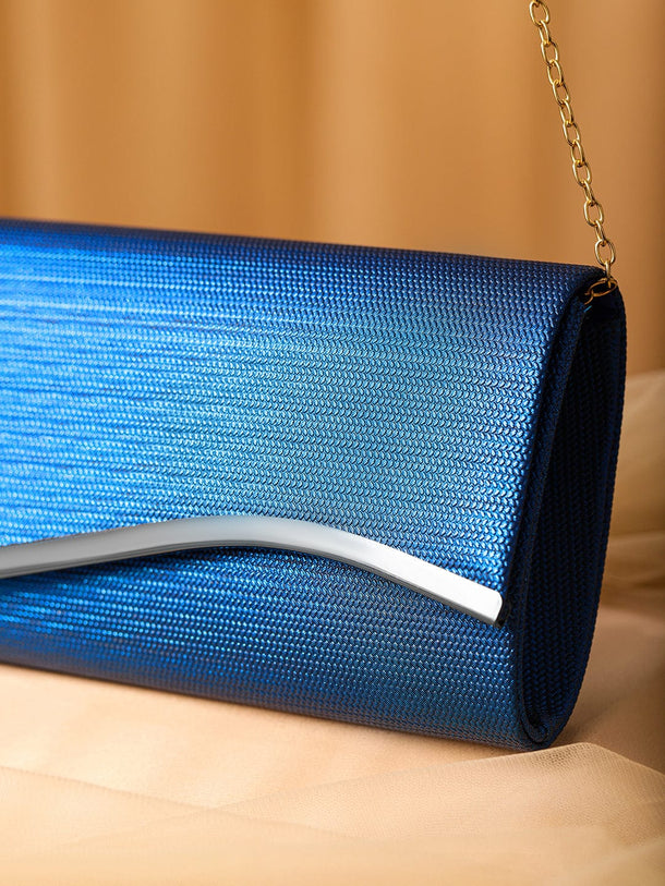 Rubans Blue Sapphire Glossy Textured Clutch with Silver-Tone Wavy Accent & Chain Bags