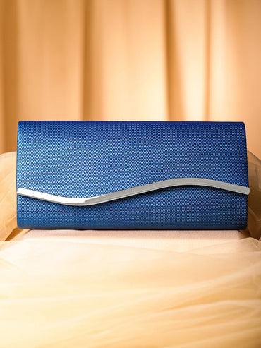 Rubans Blue Sapphire Glossy Textured Clutch with Silver-Tone Wavy Accent & Chain Handbag, Wallet Accessories & Clutches