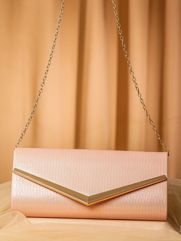Rubans Blush Pink Shimmery Glossy Envelope Clutch with 24K Gold-Tone Chevron Accent Bags