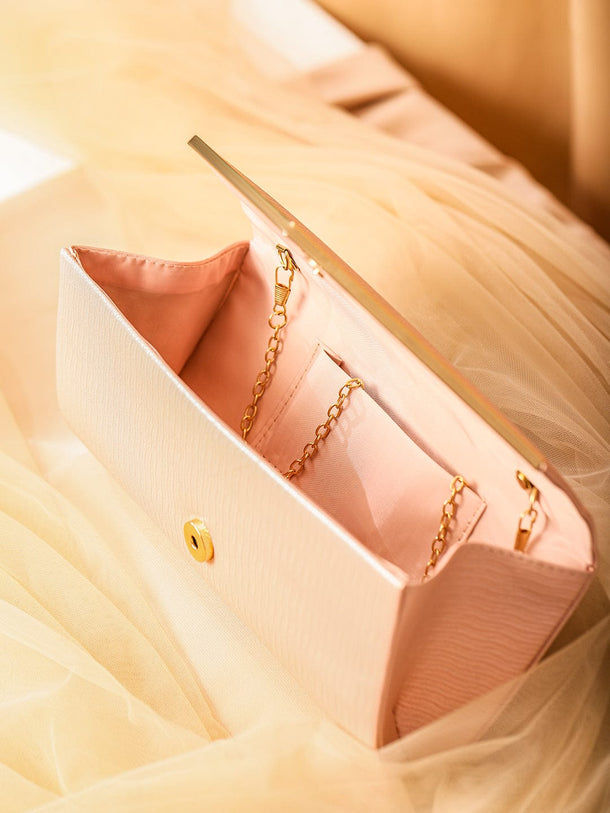 Rubans Blush Pink Shimmery Glossy Envelope Clutch with 24K Gold-Tone Chevron Accent Bags