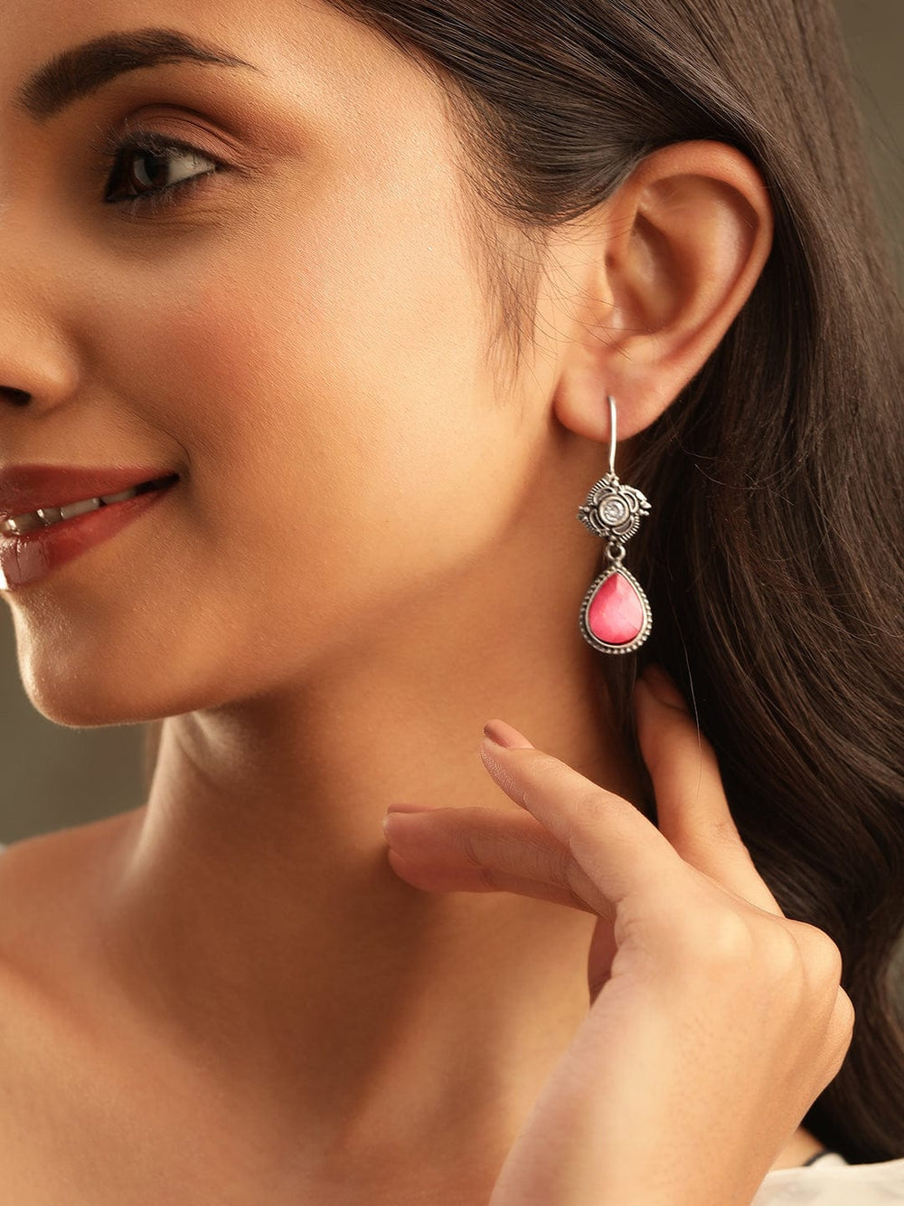 Rubans Blushing Beauty Oxidized Silver Plating with Pink kemp stone Earrings Earrings