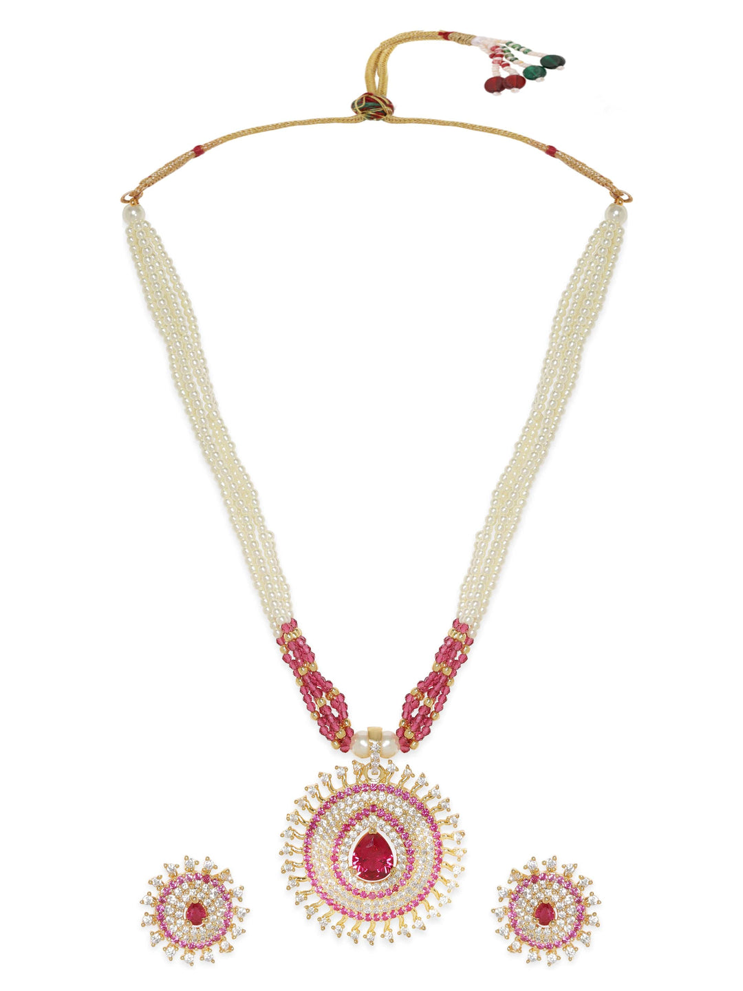 Rubans Blushing Elegance White Beaded Pink Stone AD Necklace Set Jewellery Sets