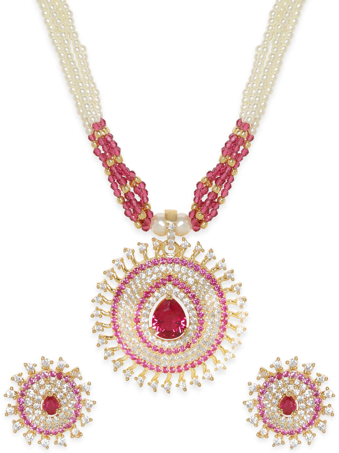 Rubans Blushing Elegance White Beaded Pink Stone AD Necklace Set Jewellery Sets