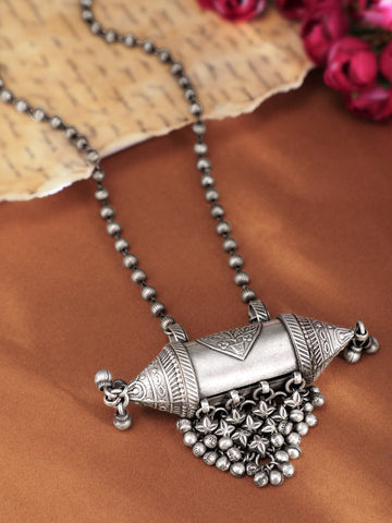 Rubans Bohemian Blossoms Oxidized Silver Plated Floral Necklace with Ghungroo Hangings Necklace