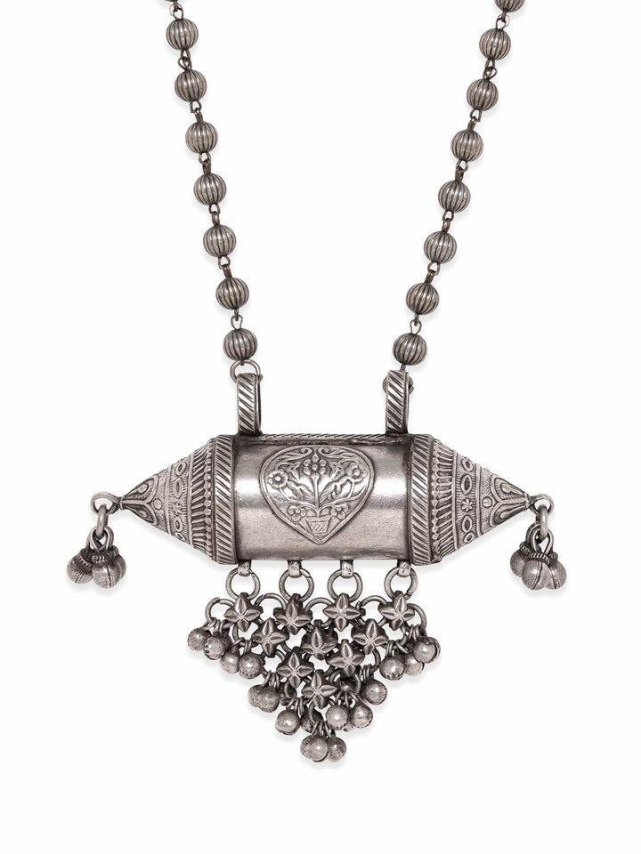 Rubans Bohemian Blossoms Oxidized Silver Plated Floral Necklace with Ghungroo Hangings Necklace