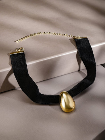 Rubans Bold 18K Gold-Plated Glossy Abstract Pendant Black Velvet Statement Choker Necklace Necklace & Chains