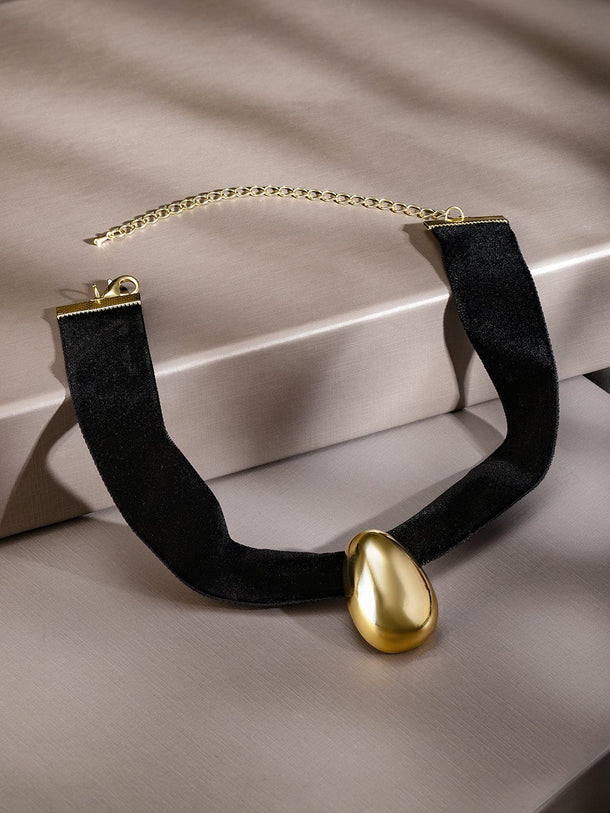 Rubans Bold 18K Gold-Plated Glossy Abstract Pendant Black Velvet Statement Choker Necklace Necklace & Chains