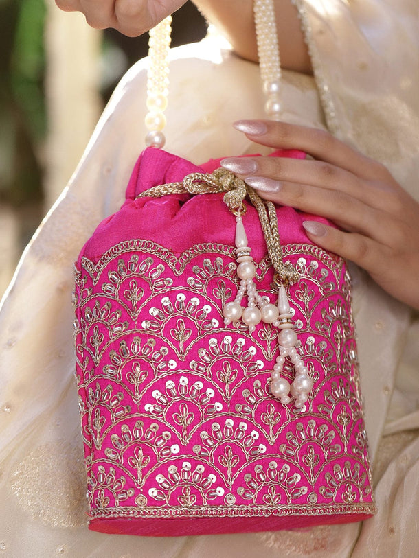 Rubans Bright Pink Potli Bag with Golden Zari Embroidery, Sequin Detailing & Pearl Beaded Handle Bags