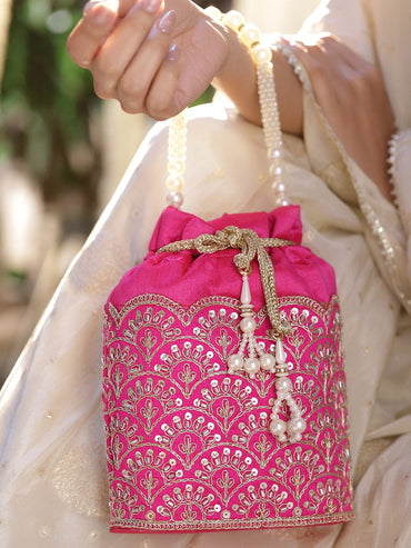 Rubans Bright Pink Potli Bag with Golden Zari Embroidery, Sequin Detailing & Pearl Beaded Handle Bags
