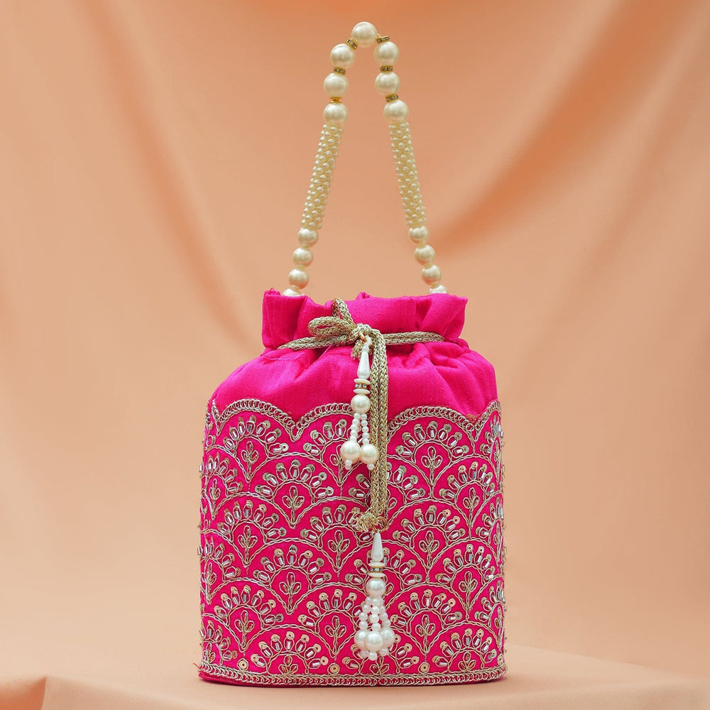 Rubans Bright Pink Potli Bag with Golden Zari Embroidery, Sequin Detailing & Pearl Beaded Handle Bags