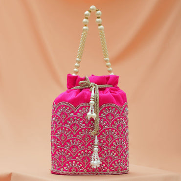 Rubans Bright Pink Potli Bag with Golden Zari Embroidery, Sequin Detailing & Pearl Beaded Handle Bags