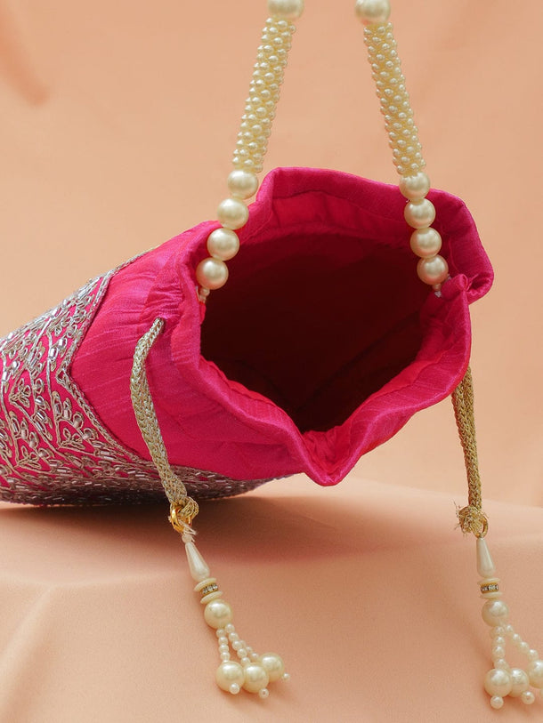 Rubans Bright Pink Potli Bag with Golden Zari Embroidery, Sequin Detailing & Pearl Beaded Handle Bags