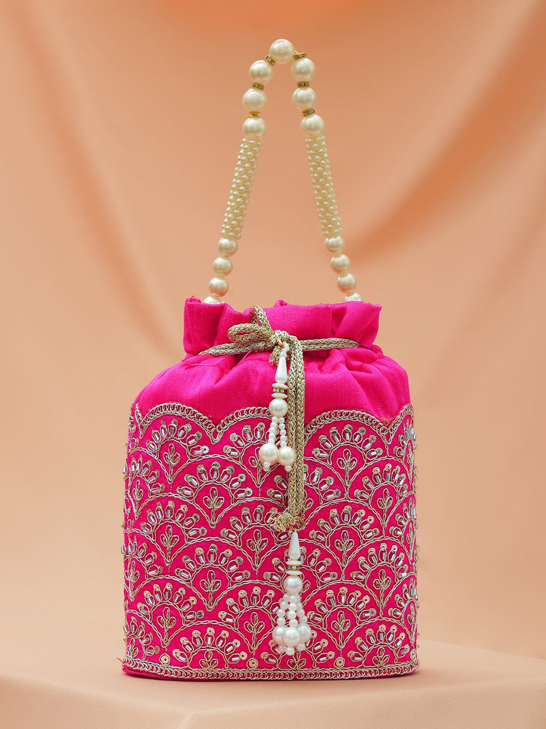 Rubans Bright Pink Potli Bag with Golden Zari Embroidery, Sequin Detailing & Pearl Beaded Handle Handbag, Wallet Accessories & Clutche
