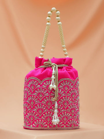 Rubans Bright Pink Potli Bag with Golden Zari Embroidery, Sequin Detailing & Pearl Beaded Handle Handbag, Wallet Accessories & Clutche