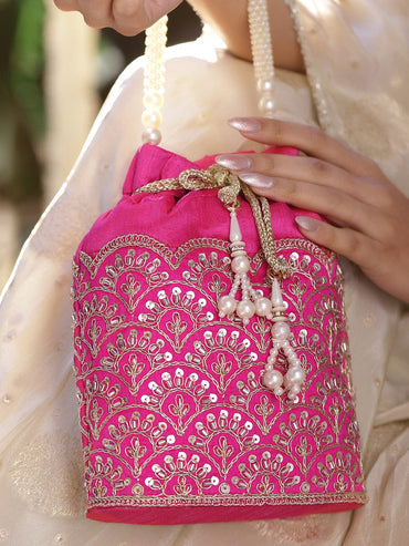 Rubans Bright Pink Potli Bag with Golden Zari Embroidery, Sequin Detailing & Pearl Handle Handbag, Wallet Accessories & Clutche